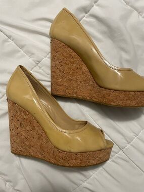 Jimmy Choo peep toe Beige Patent Cork Wedge Heels